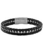 Esquire Men's Jewelry Hematite (4mm) Black Leather Braided Bracelet In Matte Stainless Steel (also In Red Tiger's Eye), Created For Macy's