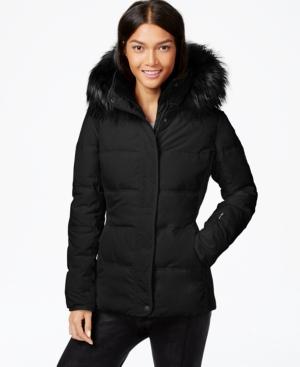 Calvin Klein Faux-fur-trim Colorblocked Quilted Puffer Coat
