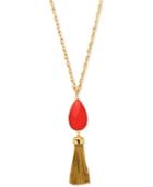 Nine West Gold-tone Red Stone Tassel Pendant Necklace