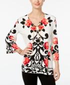 Jm Collection Petite Printed Lace-up Top, Only At Macy's