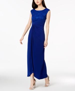 Connected Sequined Lace Draped Faux-wrap Gown
