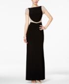 Xscape Embellished Illusion Cap-sleeve Evening Gown