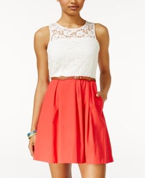 Bcx Juniors' Lace Belted Fit & Flare Dress