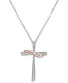 Diamond Two-tone Cross Pendant Necklace (1/10 Ct. T.w.) In Sterling Silver