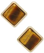 Gold-tone Brown Stone Square Stud Earrings