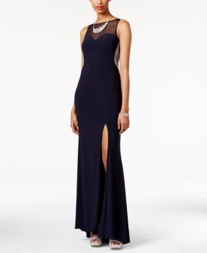 Blondie Nites Juniors' Embellished Illusion Side-slit Gown