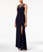 Blondie Nites Juniors' Embellished Illusion Side-slit Gown