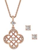 Charter Club Rose Gold-tone Clover Pendant Necklace And Crystal Stud Earrings