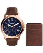 Fossil Men's Chronograph Grant Brown Leather Strap Watch And Wallet Box Set 44mm Fs5188set