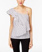 Marled Striped One-shoulder Tiered Blouse