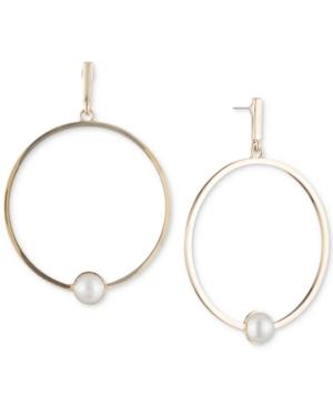 Dkny Gold-tone Imitation Pearl Drop Hoop Earrings, Created For Macy's