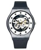 Swatch Watch, Unisex Swiss Silver Glam Black Silicone Strap 41mm Suoz147