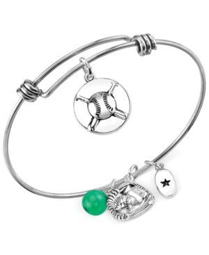 Unwritten Baseball Charm And Green Aventurine (8mm) Bangle Bracelet In Stainless Steel