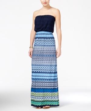 Trixxi Juniors' Lace-bodice Printed Strapless Maxi Dress