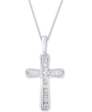 Diamond Baguette Cross Adjustable Pendant Necklace (1/5 Ct. T.w) In 10k White Gold