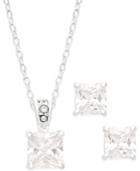 City By City Silver-tone Square Crystal Pendant Necklace And Stud Earrings