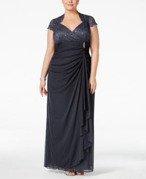 Betsy & Adam Plus Size Sequined Lace Draped Gown