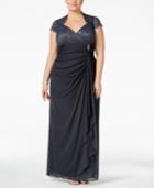 Betsy & Adam Plus Size Sequined Lace Draped Gown
