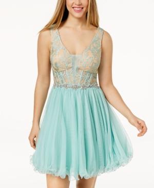 City Studios Juniors' Embellished Lace Corset Fit & Flare Dress