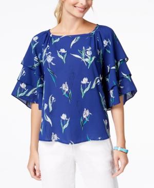 Charter Club Floral-print Tiered-sleeve Top, Created For Macy's
