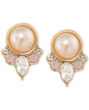 Carolee Gold-tone Imitation Pink Pearl And Crystal Clip-on Button Earrings