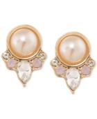Carolee Gold-tone Imitation Pink Pearl And Crystal Clip-on Button Earrings