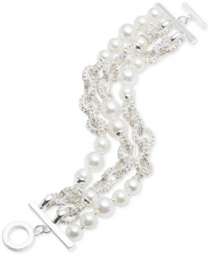 Anne Klein Silver-tone Imitation Pearl And Pave Link Multi-row Bracelet