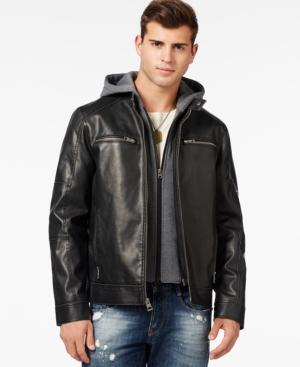 Guess Faux-leather Moto Jacket With Removable Hood