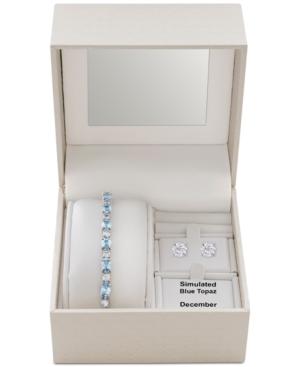 Simulated Aqua Topaz Slider Bracelet & Cubic Zirconia Stud Earrings