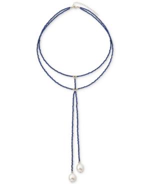 Cultured Freshwater Pearl (10mm) & Black Spinel Double Row Choker Lariat Necklace In 14k Gold (also In Lapis Lazuli)