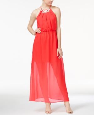 Crystal Doll Juniors' Beaded Illusion Maxi Dress