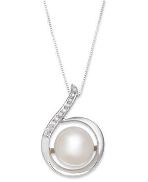 14k White Gold Necklace, Cultured Freshwater Pearl (11mm) And Diamond (1/10 Ct. T.w.) Swirl Pendant
