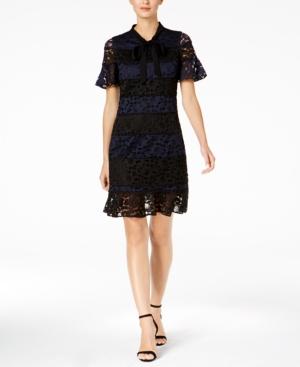 Julia Jordan Lace Colorblocked Tie-neck Shift Dress
