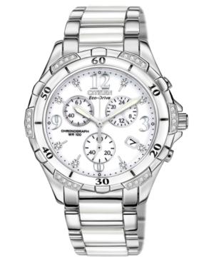 Citizen Watch, Women's Chronograph Eco-drive Diamond Accent Stainless Steel And White Ceramic Bracelet 40mm Fb1230-50a