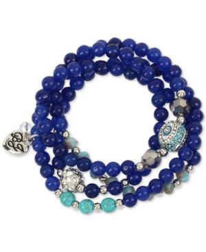 Betsey Johnson Silver-tone Blue Beaded Pave Fireball And Evil-eye Wrap Stretch Bracelet