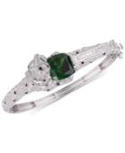 Tiara Emerald-look Glass Stone And Cubic Zirconia Panther Bangle Bracelet In Sterling Silver