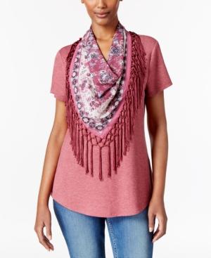 Style & Co. Petite T-shirt With Printed Fringe Scarf, Only At Macy's