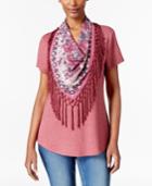 Style & Co. Petite T-shirt With Printed Fringe Scarf, Only At Macy's