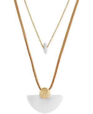 Lucky Brand Two-tone Brown Leather Double-layer Pendant Necklace. 25 + 2 Extender
