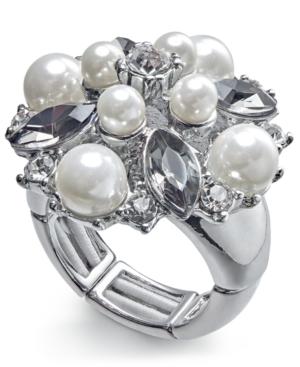 Charter Club Silver-tone Crystal & Imitation Pearl Cluster Stretch Ring, Created For Macy's