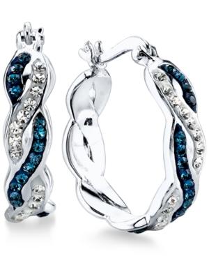 Unwritten Silver-tone Blue And Clear Crystal Braided Hoop Earrings