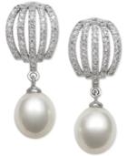 Cultured Freshwater Pearl (8mm) And Cubic Zirconia Drop Earrings In Sterling Silver