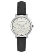 Bcbg Maxazria Ladies Black Leather Strap With Floral Dial And Silver Case, 34mm