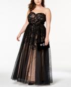 Betsy & Adam Plus Size Strapless Chiffon-overlay Belted Gown