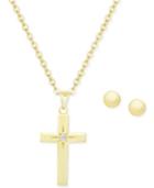 Children's Cubic Zirconia Cross Pendant Necklace And Ball Stud Earrings