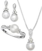 Cultured Freshwater Pearl (6-1/2mm) And Diamond (3/8 Ct. T.w.) Jewelry Set In Sterling Silver