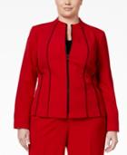 Kasper Plus Size Crepe Zip-front Piped-trim Jacket