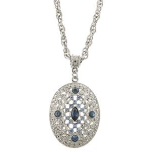 2028 Silver-tone Dark And Light Blue Crystal Filigree Oval Pendant Necklace 16 Adjustable