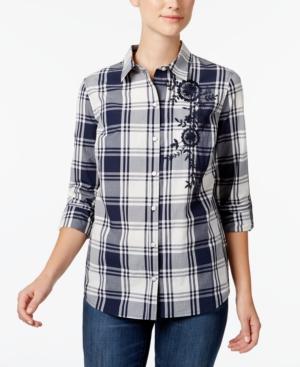 Charter Club Cotton Embroidered Plaid Shirt, Created For Macy's