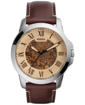Fossil Men's Automatic Grant Brown Leather Strap Watch 44mm Me3122